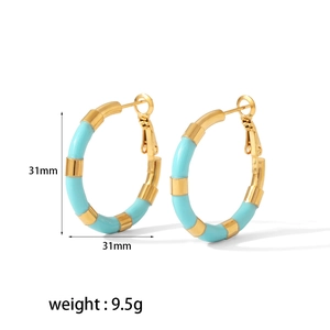 18k gold plated stainless steel hoops with blue enamel stripes, 31mm diameter jewelry