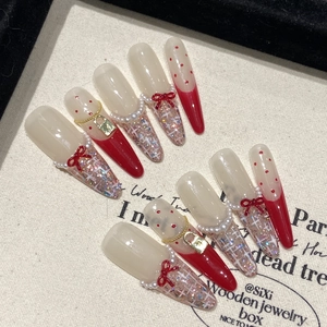 Handmade Press On Nails Long Stiletto Red Cream White With Bowknot Artificial Pearl Gold Lock Decor Glitter Grid Elegant Luxury