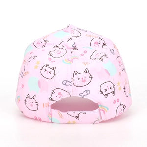 Rear view of pink kids baseball cap showing adjustable velcro strap and cartoon cat prints