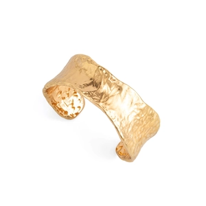 Chunky gold-plated open cuff bracelet with hammered texture and punk style design