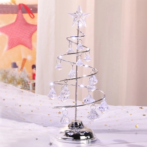 Luminous silver metal spiral Christmas tree with crystal pendants and LED star light