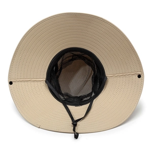 Men's khaki wide brim sun hat with adjustable windproof rope and breathable mesh lining