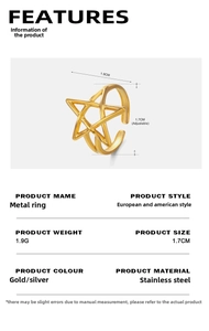 Detailed size chart for stainless steel star ring with 1.7cm adjustable opening