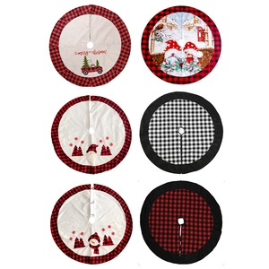 Classic round Christmas tree skirts featuring buffalo plaid and Santa Claus designs