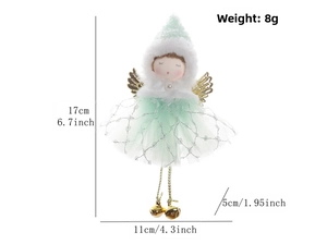 Detail of Christmas angel ornament with mint mesh dress, gold wings and bell charms