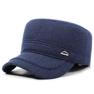 Men's navy blue flat top military cap with corduroy texture and metal peak emblem