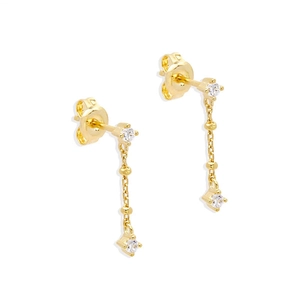 Detailed view of S925 silver gold tassel drop earrings with sparkling cubic zirconia