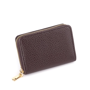 Deep brown lychee pattern leather card wallet with large capacity and secure gold zipper