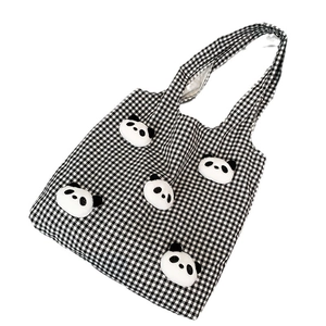 Large capacity black and white checkered canvas tote bag with five cute 3D plush pandas