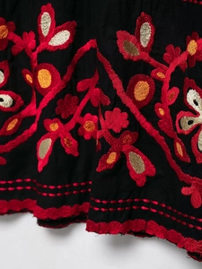 Vue détaillée de broderies premium sur tissu noir avec des motifs floraux colorés