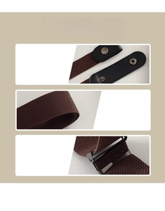 Detail of dark brown elastic belt with premium PU leather ends and adjustable metal buckle