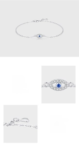 Detailed macro of S925 sterling silver evil eye bracelet with 5A grade blue cubic zirconia