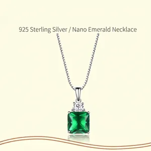 S925 sterling silver necklace featuring a square nano emerald and zircon pendant