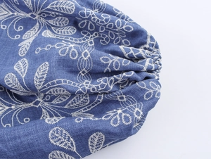 Détail de la broderie florale blanche sur tissu bleu avec poignet élastique