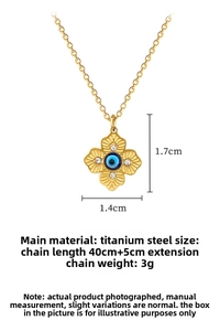 Detail view of gold clover devil eye pendant necklace with titanium steel material dimensions
