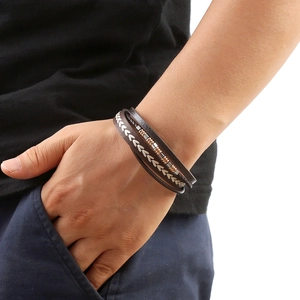 Men's multilayer vintage brown leather bracelet with silver and gold metal bead accents