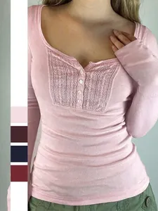 Women Long Sleeve T-Shirt Lace Patchwork Button Henley Neck Ribbed Knit Slim Fit Y2K Sweet Spicy Casual Top
