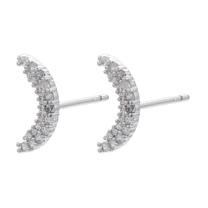 Silver crescent moon stud earrings with micro-paved white cubic zirconia stones