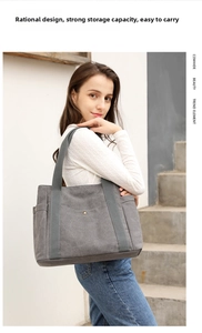 Close-up of canvas tote bag with metal buckle pocket and functional side compartments