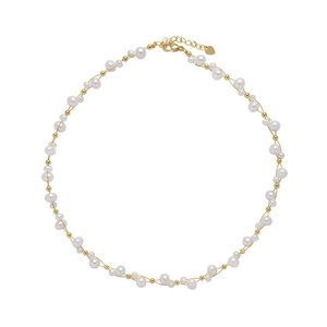 French vintage freshwater pearl and gold bead woven necklace made of durable titanium steel