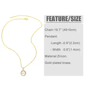 Detailed size chart for the gold plated mama pendant necklace with colorful zircons