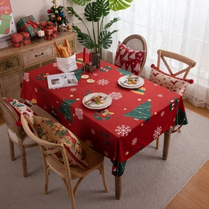 Christmas Tablecloth Red Rectangular Polyester Velvet Snowflake Tree Print Holiday Dining Room Table Decor