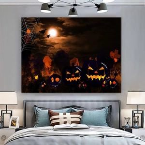 Detailed view of Halloween tapestry with pumpkins and bats in a cozy bedroom setting