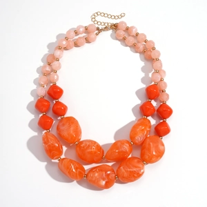 Retro double-layer chunky acrylic beaded necklace in pink and orange for women