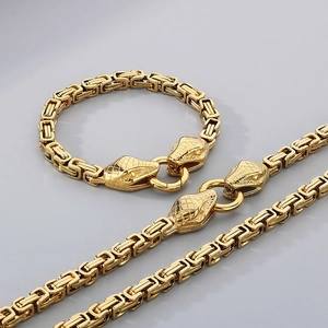 Rock style 6mm Byzantine chain jewelry set with twin snake heads in golden stainless steel