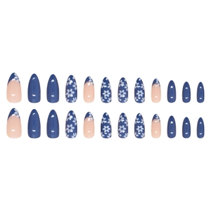 Blue and nude press-on nails with white daisy floral patterns in almond shape