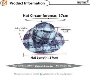 Detailed size chart for blue plaid denim cowboy hat showing brim and crown measurements
