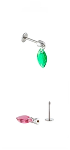 Macro detail of internally threaded surgical steel studs with marquise zircon pendants
