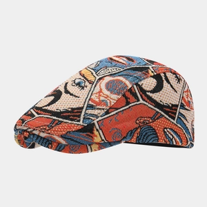 Retro flat cap featuring vibrant pop art jacquard comic patterns for a stylish look