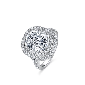 Luxurious S925 silver ring featuring a 4-carat cushion-cut moissanite stone in a double halo setting