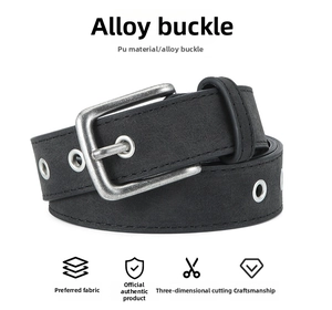 Detailed view of black PU leather belt with vintage square buckle and metal eyelets