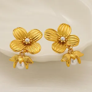 Textured Flower Artificial Pearl Drop Earrings 304 Stainless Steel 18K Gold Plated Vintage Floral Stud Jewelry For Women