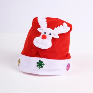 Close-up of red light-up Christmas hat with plush reindeer applique and sequin snowflakes