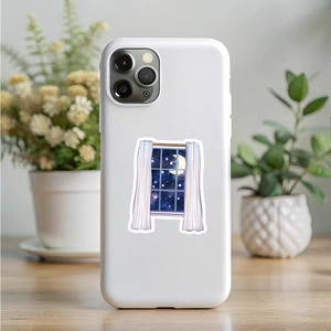 Detail of colorful magic graffiti sticker on white phone case with starry window pattern