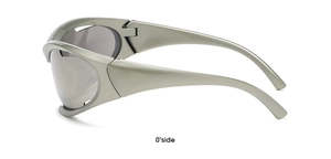 Side view of silver-tone aerodynamic sports sunglasses with dark grey lenses for cycling