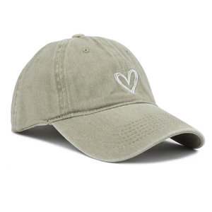 Detail of khaki washed cotton baseball cap featuring white embroidered heart on the front