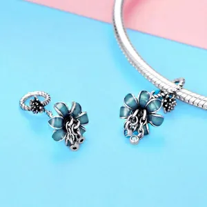 Elegant S925 sterling silver blue orchid flower pendant with gradient enamel and gemstones