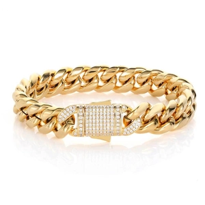 Mens hip hop golden stainless steel Cuban link bracelet with iced out zircon spring clasp