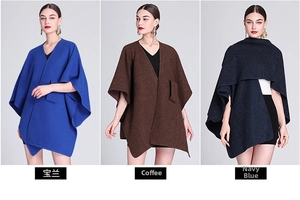 Three-frame detail of knitted ponchos in royal blue, coffee, and navy blue for women