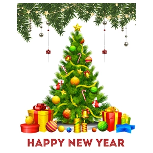 Festive Christmas tree with colorful gift boxes and Happy New Year window sticker