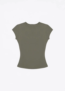 Detailed flat lay of an olive green slim fit sports T-shirt with high elastic fabric