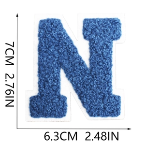Detailed size chart of blue chenille letter N embroidery patch with dimensions in inches