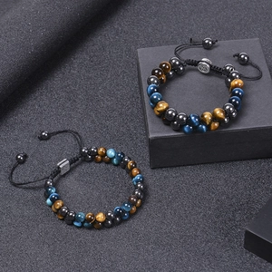 8mm double-layered blue tiger eye and black onyx beaded bracelet for men with woven cord