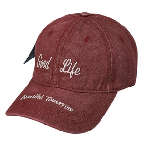 Washed burgundy cotton baseball cap with Good Life embroidery and curved brim detail