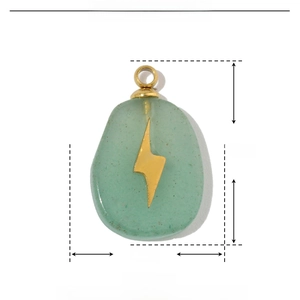 Macro view of green natural stone pendant with gold lightning pattern and size specs