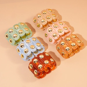 Chic acrylic marble texture geometric oval elastic bracelets with gold stud rivets set